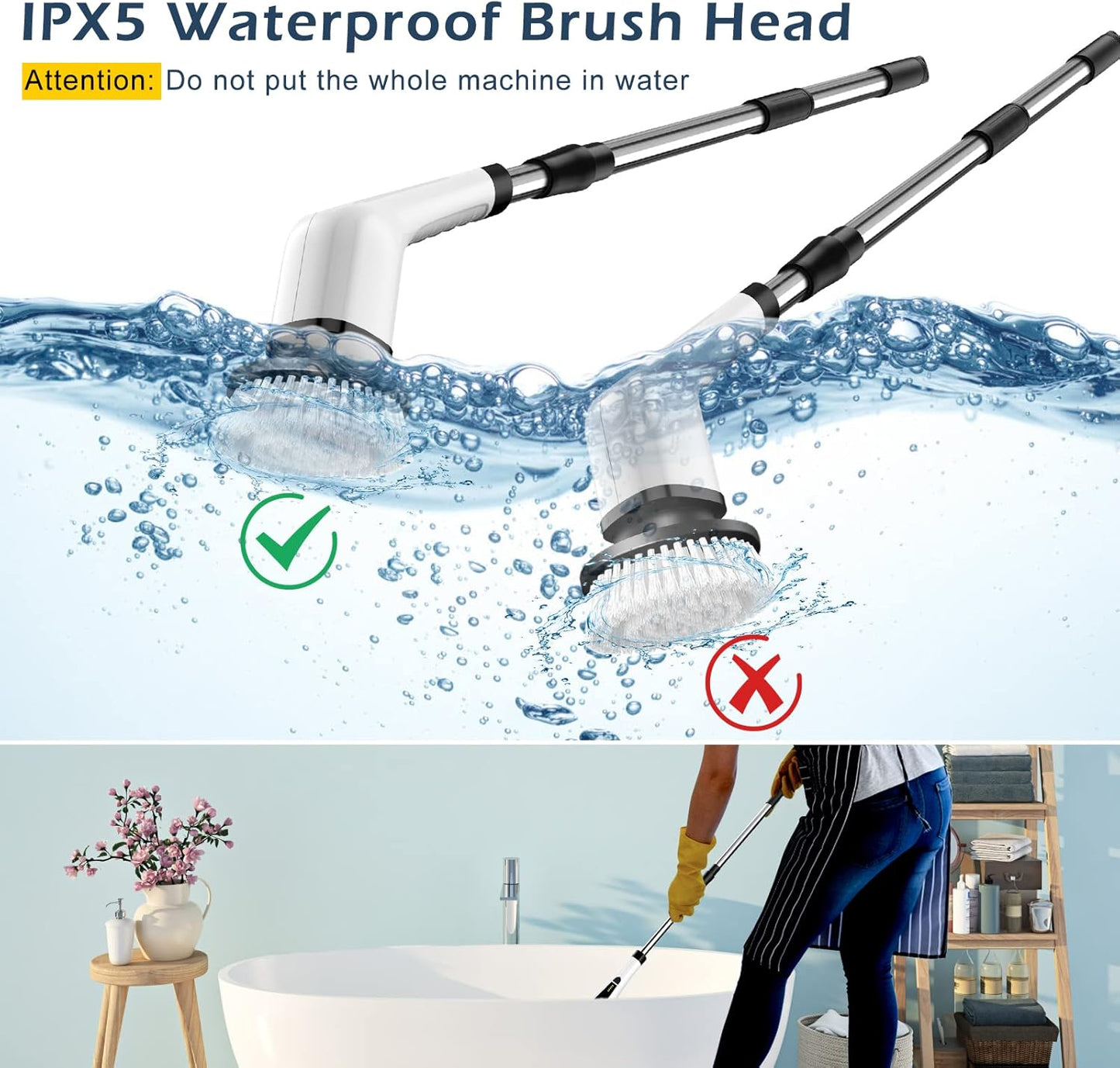 Electric Spin Scrubber, Cordless Cleaning Brush Scrubber for Home, 8 Replaceable Brush Heads-90Mins Work Time, 3 Adjustable Size, 2 Speeds for Bathroom Shower Bathtub Glass Car