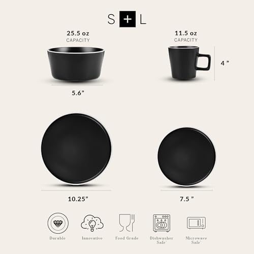 Stone Lain Celina Stoneware 16 Piece Dinnerware Set, Plates and Bowls, Black Matte Dish, Service for 4 – Minimalist Round Style, Microwave & Dishwasher Safe