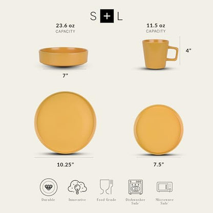 Stone Lain Celina Stoneware 16 Piece Dinnerware Set, Plates and Bowls, Black Matte Dish, Service for 4 – Minimalist Round Style, Microwave & Dishwasher Safe