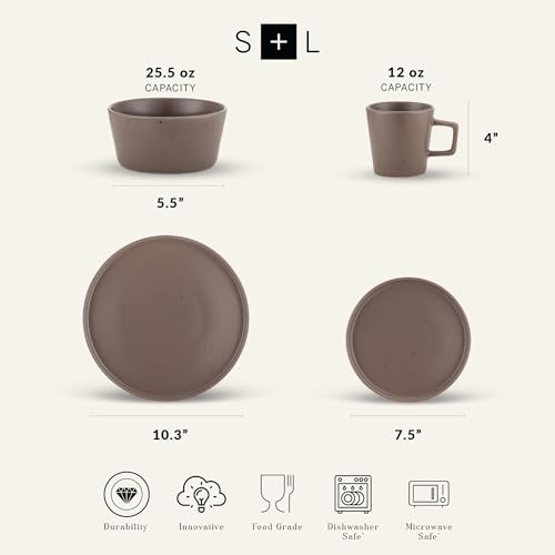 Stone Lain Celina Stoneware 16 Piece Dinnerware Set, Plates and Bowls, Black Matte Dish, Service for 4 – Minimalist Round Style, Microwave & Dishwasher Safe