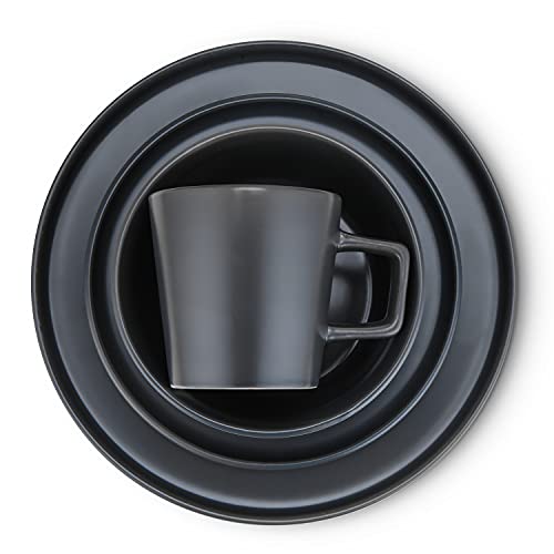 Stone Lain Celina Stoneware 16 Piece Dinnerware Set, Plates and Bowls, Black Matte Dish, Service for 4 – Minimalist Round Style, Microwave & Dishwasher Safe