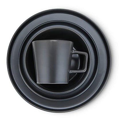 Stone Lain Celina Stoneware 16 Piece Dinnerware Set, Plates and Bowls, Black Matte Dish, Service for 4 – Minimalist Round Style, Microwave & Dishwasher Safe