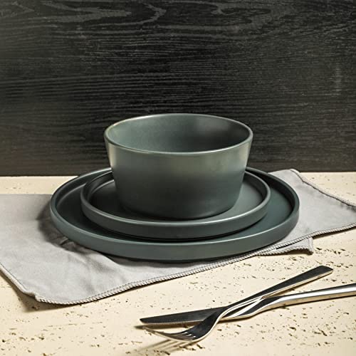 Stone Lain Celina Stoneware 16 Piece Dinnerware Set, Plates and Bowls, Black Matte Dish, Service for 4 – Minimalist Round Style, Microwave & Dishwasher Safe