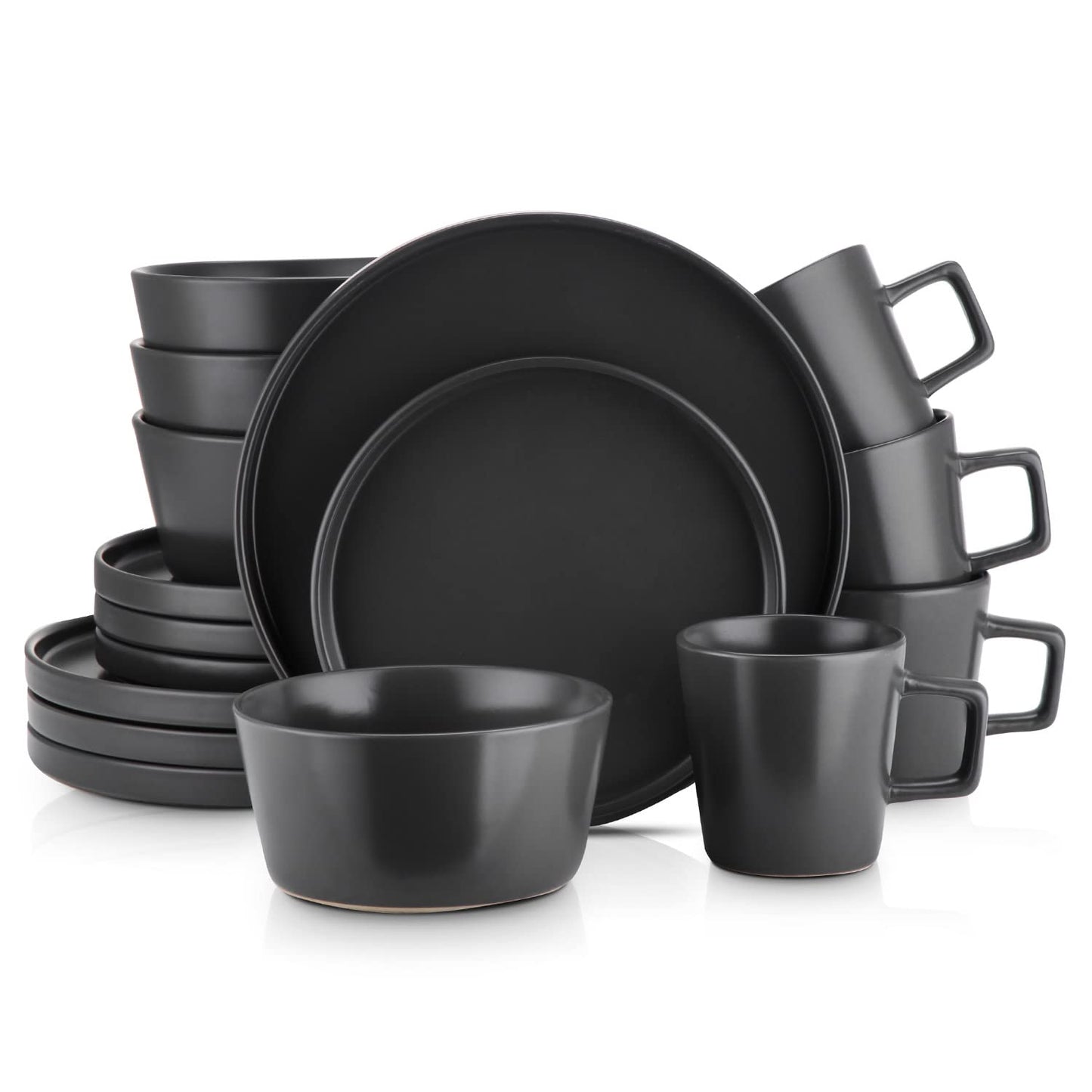 Stone Lain Celina Stoneware 16 Piece Dinnerware Set, Plates and Bowls, Black Matte Dish, Service for 4 – Minimalist Round Style, Microwave & Dishwasher Safe