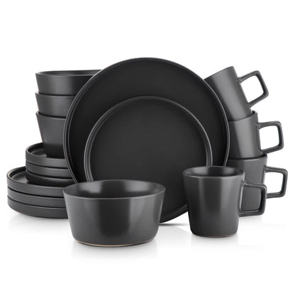 Stone Lain Celina Stoneware 16 Piece Dinnerware Set, Plates and Bowls, Black Matte Dish, Service for 4 – Minimalist Round Style, Microwave & Dishwasher Safe