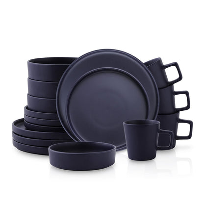 Stone Lain Celina Stoneware 16 Piece Dinnerware Set, Plates and Bowls, Black Matte Dish, Service for 4 – Minimalist Round Style, Microwave & Dishwasher Safe