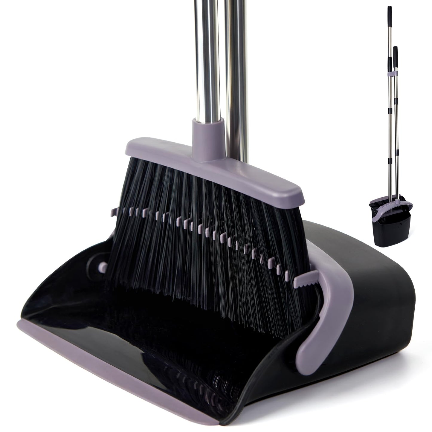 Broom and Dustpan Set with Long Handle, Light Weight Stainless Steel Poles Stand Upright Dustpans with Broom Combo for Home Kitchen Office Pet Dog Hair, Brown & Beige Color, 1-Pack