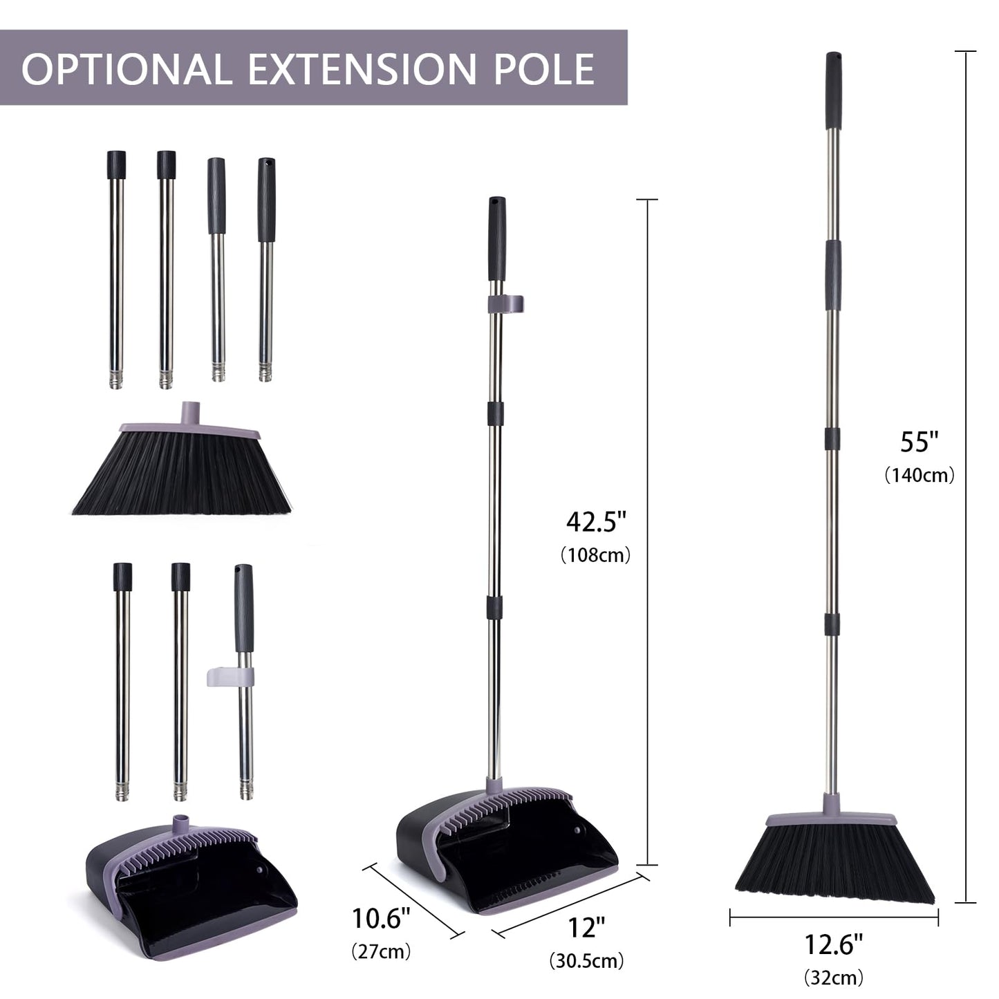 Broom and Dustpan Set with Long Handle, Light Weight Stainless Steel Poles Stand Upright Dustpans with Broom Combo for Home Kitchen Office Pet Dog Hair, Brown & Beige Color, 1-Pack