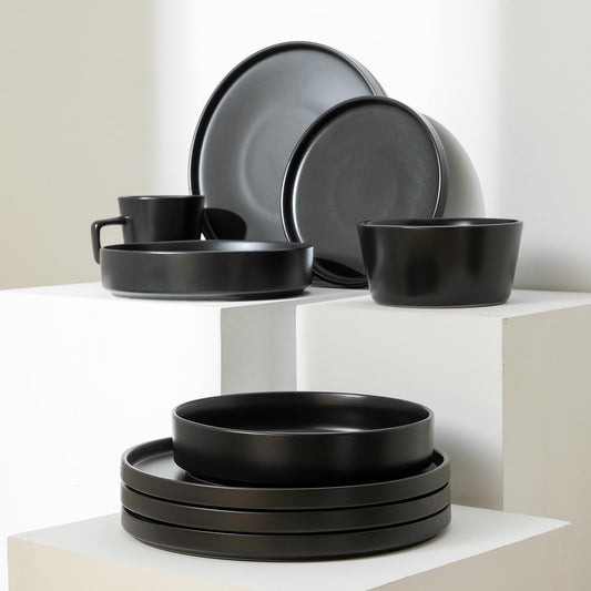 Stone Lain Celina Stoneware 16 Piece Dinnerware Set, Plates and Bowls, Black Matte Dish, Service for 4 – Minimalist Round Style, Microwave & Dishwasher Safe