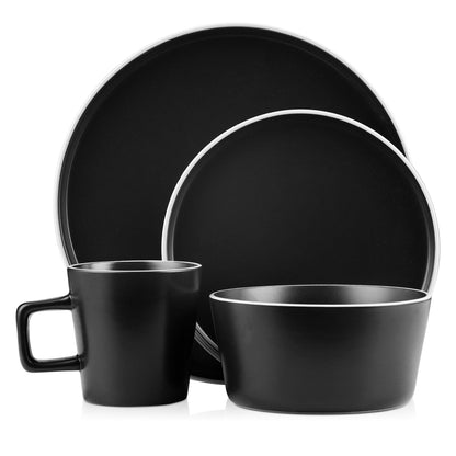 Stone Lain Celina Stoneware 16 Piece Dinnerware Set, Plates and Bowls, Black Matte Dish, Service for 4 – Minimalist Round Style, Microwave & Dishwasher Safe