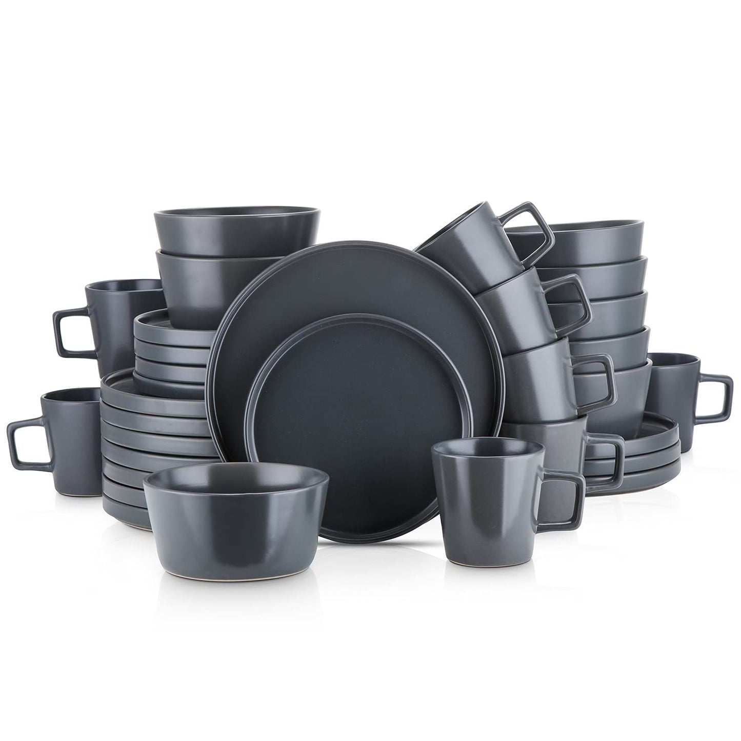 Stone Lain Celina Stoneware 16 Piece Dinnerware Set, Plates and Bowls, Black Matte Dish, Service for 4 – Minimalist Round Style, Microwave & Dishwasher Safe