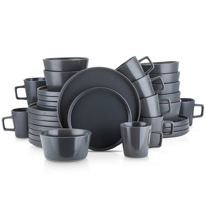 Stone Lain Celina Stoneware 16 Piece Dinnerware Set, Plates and Bowls, Black Matte Dish, Service for 4 – Minimalist Round Style, Microwave & Dishwasher Safe
