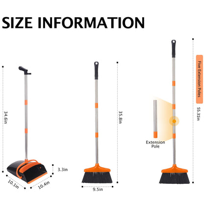 Broom and Dustpan Set with Long Handle, Light Weight Stainless Steel Poles Stand Upright Dustpans with Broom Combo for Home Kitchen Office Pet Dog Hair, Brown & Beige Color, 1-Pack