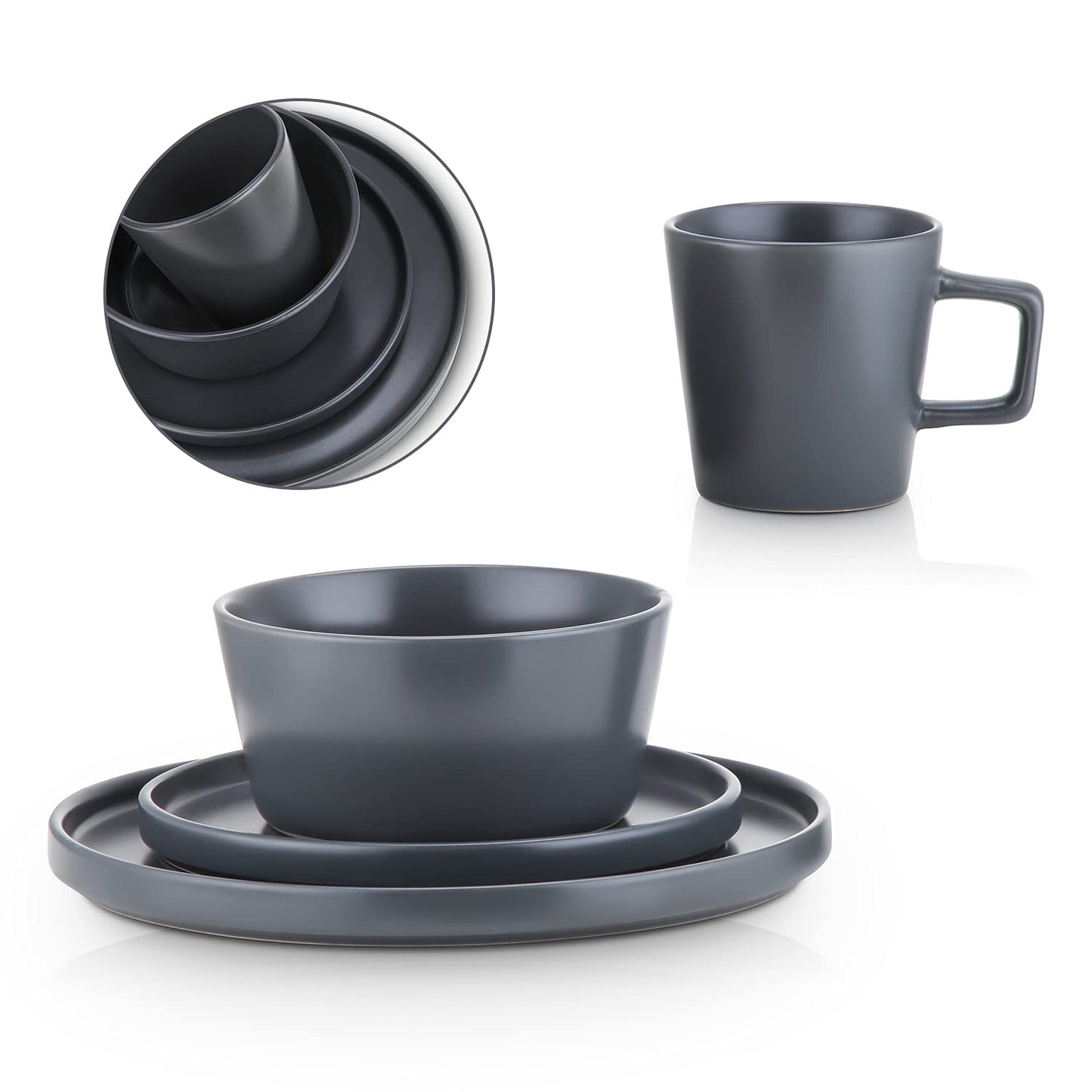 Stone Lain Celina Stoneware 16 Piece Dinnerware Set, Plates and Bowls, Black Matte Dish, Service for 4 – Minimalist Round Style, Microwave & Dishwasher Safe
