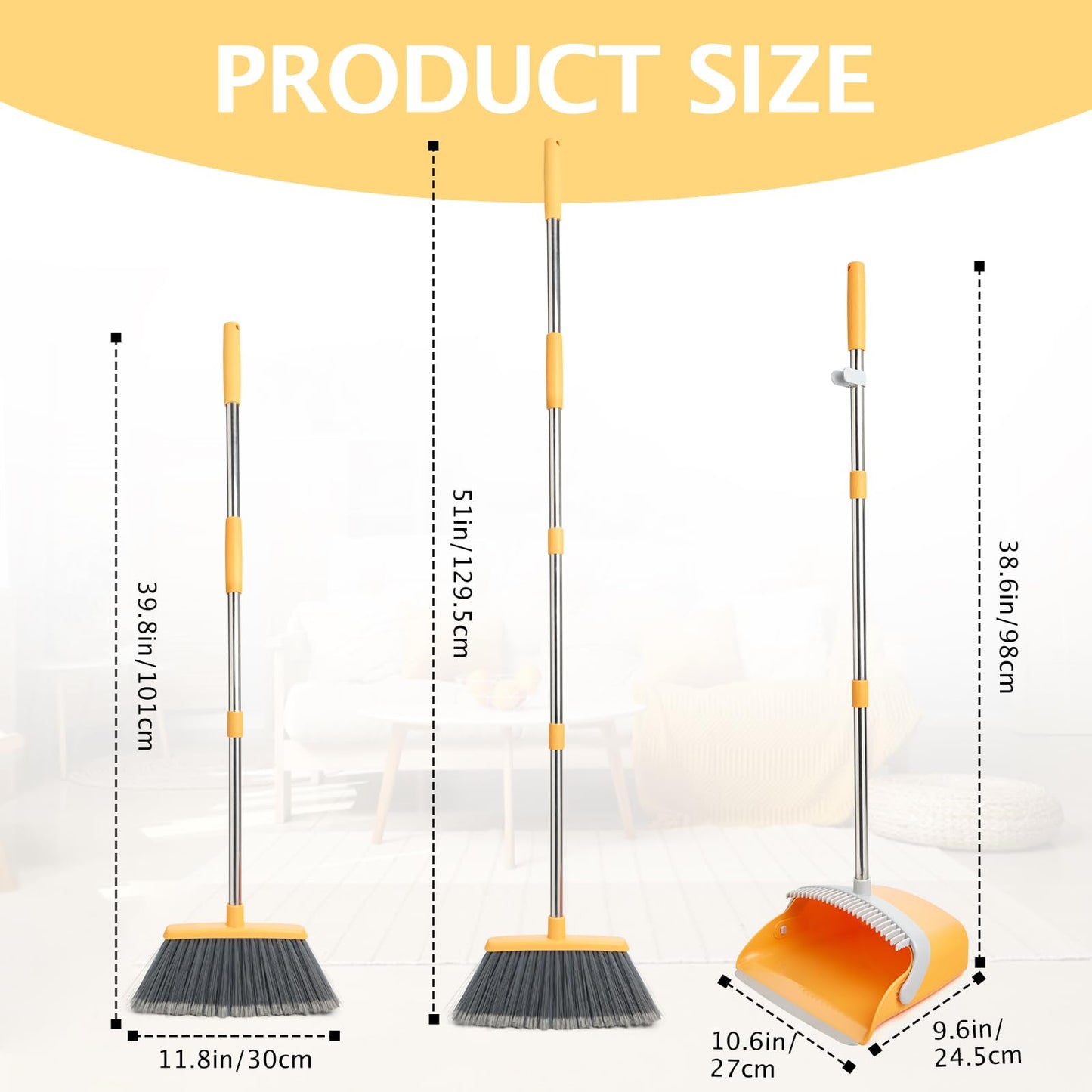 Broom and Dustpan Set with Long Handle, Light Weight Stainless Steel Poles Stand Upright Dustpans with Broom Combo for Home Kitchen Office Pet Dog Hair, Brown & Beige Color, 1-Pack