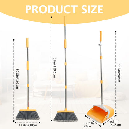 Broom and Dustpan Set with Long Handle, Light Weight Stainless Steel Poles Stand Upright Dustpans with Broom Combo for Home Kitchen Office Pet Dog Hair, Brown & Beige Color, 1-Pack