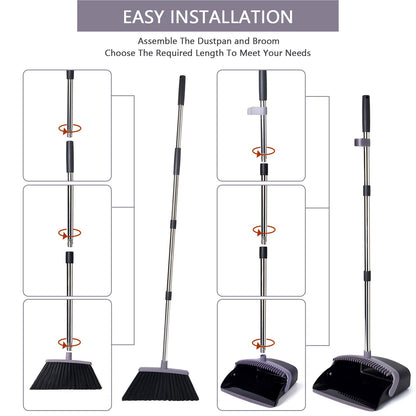 Broom and Dustpan Set with Long Handle, Light Weight Stainless Steel Poles Stand Upright Dustpans with Broom Combo for Home Kitchen Office Pet Dog Hair, Brown & Beige Color, 1-Pack