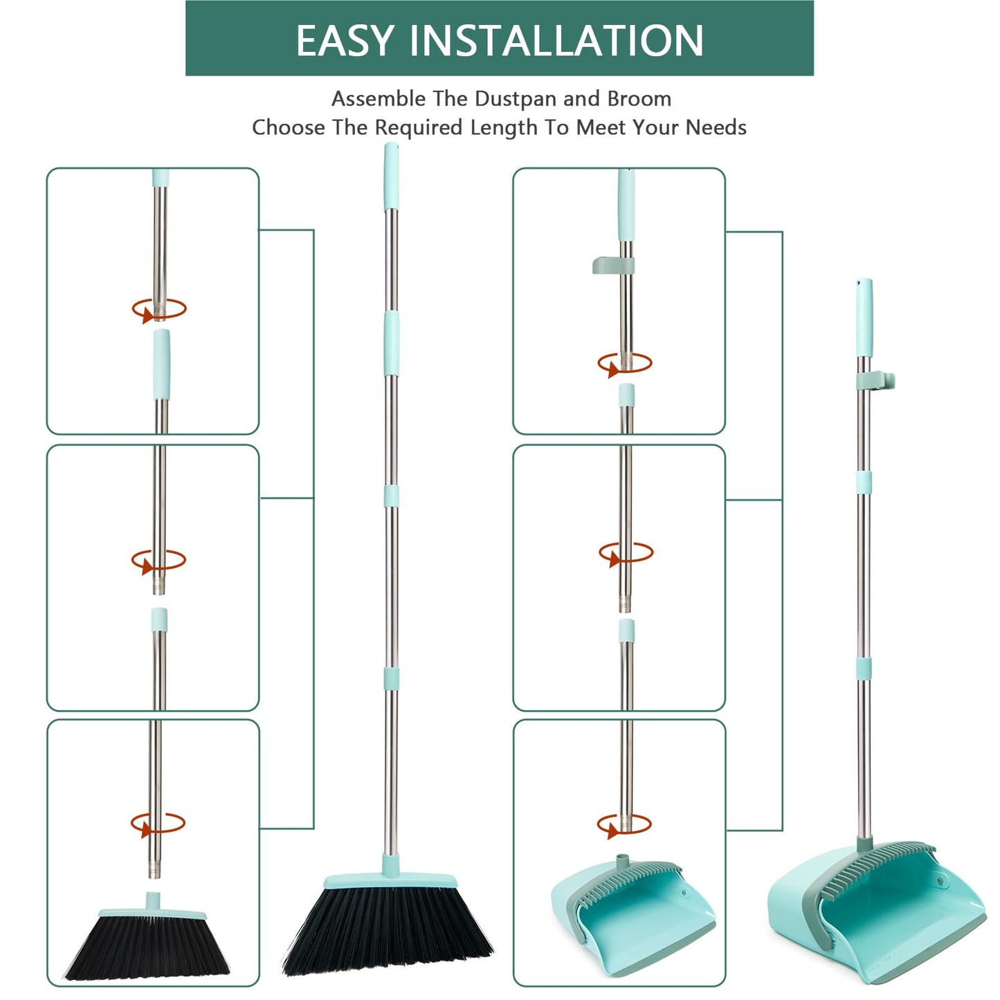 Broom and Dustpan Set with Long Handle, Light Weight Stainless Steel Poles Stand Upright Dustpans with Broom Combo for Home Kitchen Office Pet Dog Hair, Brown & Beige Color, 1-Pack