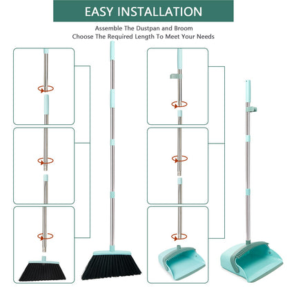 Broom and Dustpan Set with Long Handle, Light Weight Stainless Steel Poles Stand Upright Dustpans with Broom Combo for Home Kitchen Office Pet Dog Hair, Brown & Beige Color, 1-Pack