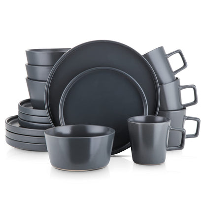 Stone Lain Celina Stoneware 16 Piece Dinnerware Set, Plates and Bowls, Black Matte Dish, Service for 4 – Minimalist Round Style, Microwave & Dishwasher Safe
