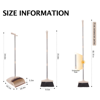 Broom and Dustpan Set with Long Handle, Light Weight Stainless Steel Poles Stand Upright Dustpans with Broom Combo for Home Kitchen Office Pet Dog Hair, Brown & Beige Color, 1-Pack
