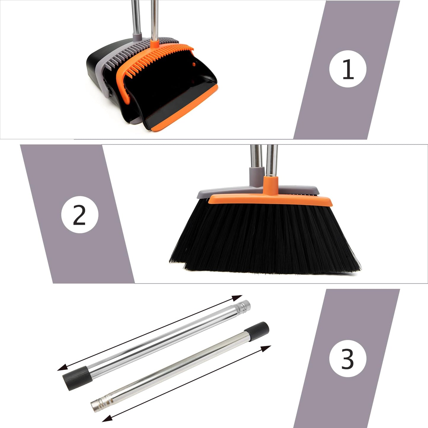 Broom and Dustpan Set with Long Handle, Light Weight Stainless Steel Poles Stand Upright Dustpans with Broom Combo for Home Kitchen Office Pet Dog Hair, Brown & Beige Color, 1-Pack