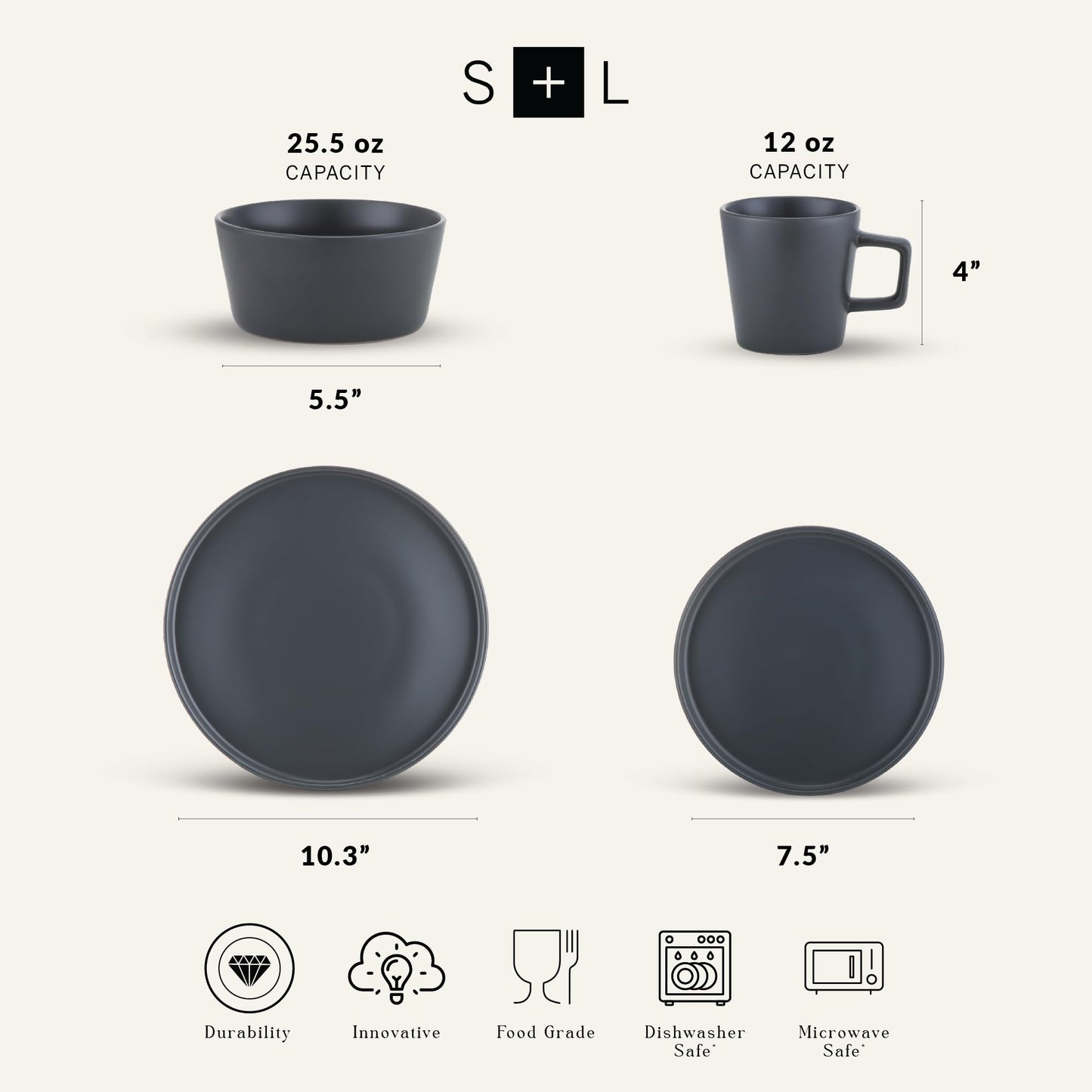 Stone Lain Celina Stoneware 16 Piece Dinnerware Set, Plates and Bowls, Black Matte Dish, Service for 4 – Minimalist Round Style, Microwave & Dishwasher Safe