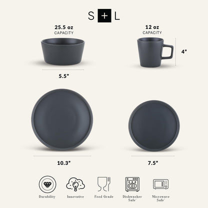 Stone Lain Celina Stoneware 16 Piece Dinnerware Set, Plates and Bowls, Black Matte Dish, Service for 4 – Minimalist Round Style, Microwave & Dishwasher Safe