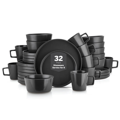 Stone Lain Celina Stoneware 16 Piece Dinnerware Set, Plates and Bowls, Black Matte Dish, Service for 4 – Minimalist Round Style, Microwave & Dishwasher Safe