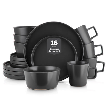 Stone Lain Celina Stoneware 16 Piece Dinnerware Set, Plates and Bowls, Black Matte Dish, Service for 4 – Minimalist Round Style, Microwave & Dishwasher Safe