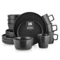 Stone Lain Celina Stoneware 16 Piece Dinnerware Set, Plates and Bowls, Black Matte Dish, Service for 4 – Minimalist Round Style, Microwave & Dishwasher Safe