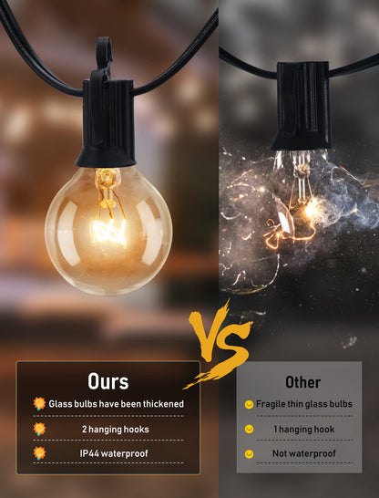 Outdoor String Lights 25 Feet G40 LED Patio Lights, Plug-in, 13 Plastic Edison Bulbs(1 Spare), Waterproof Connectable Hanging Light for Backyard Porch Balcony Party Decor, E12 Base, Black