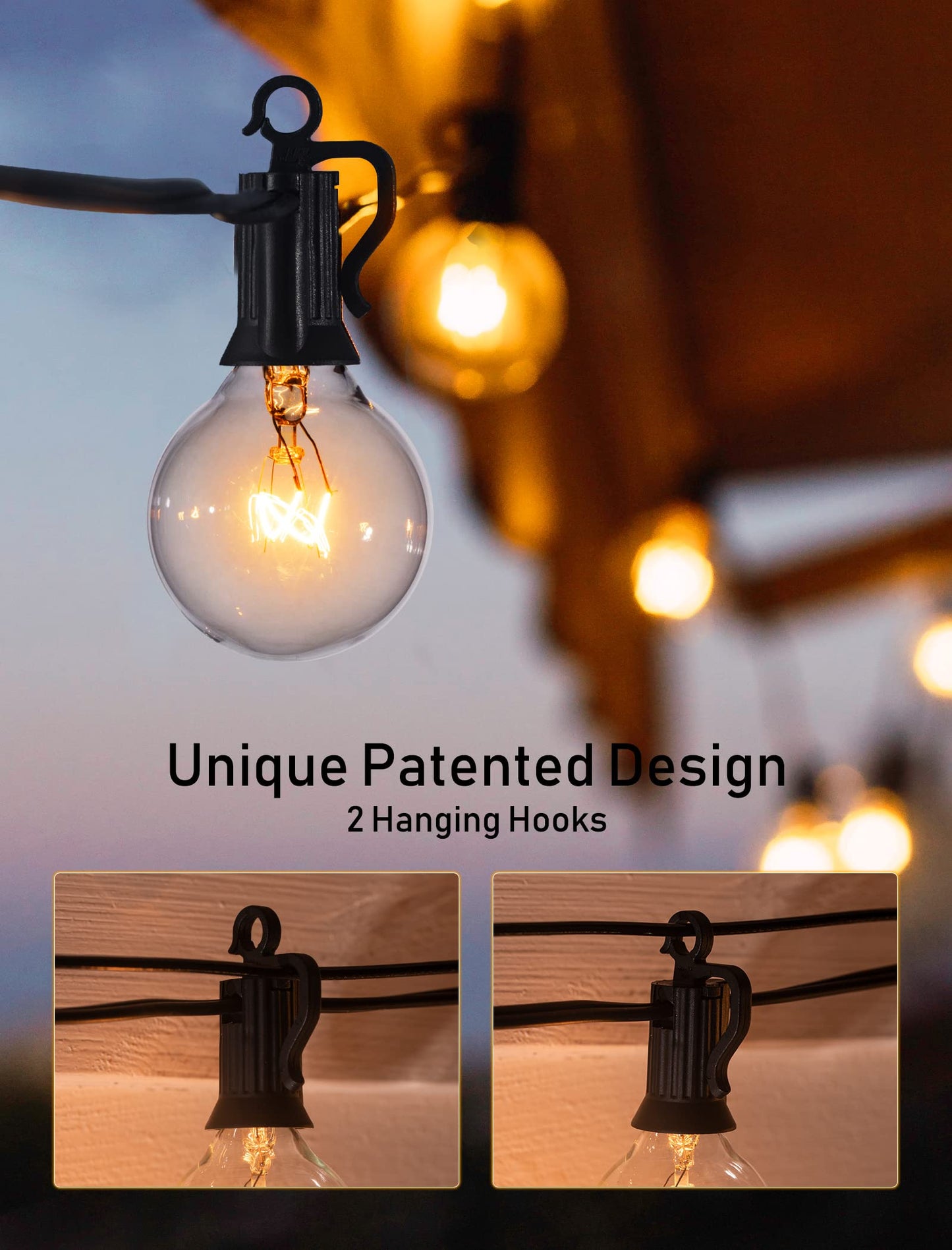 Outdoor String Lights 25 Feet G40 LED Patio Lights, Plug-in, 13 Plastic Edison Bulbs(1 Spare), Waterproof Connectable Hanging Light for Backyard Porch Balcony Party Decor, E12 Base, Black