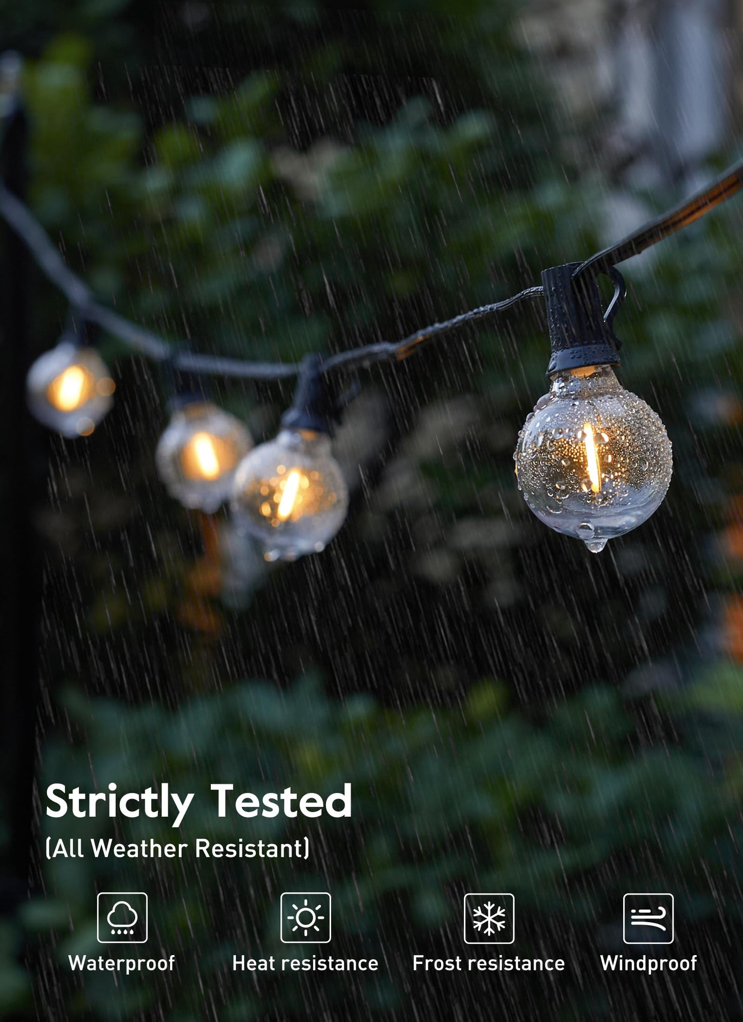 Outdoor String Lights 25 Feet G40 LED Patio Lights, Plug-in, 13 Plastic Edison Bulbs(1 Spare), Waterproof Connectable Hanging Light for Backyard Porch Balcony Party Decor, E12 Base, Black