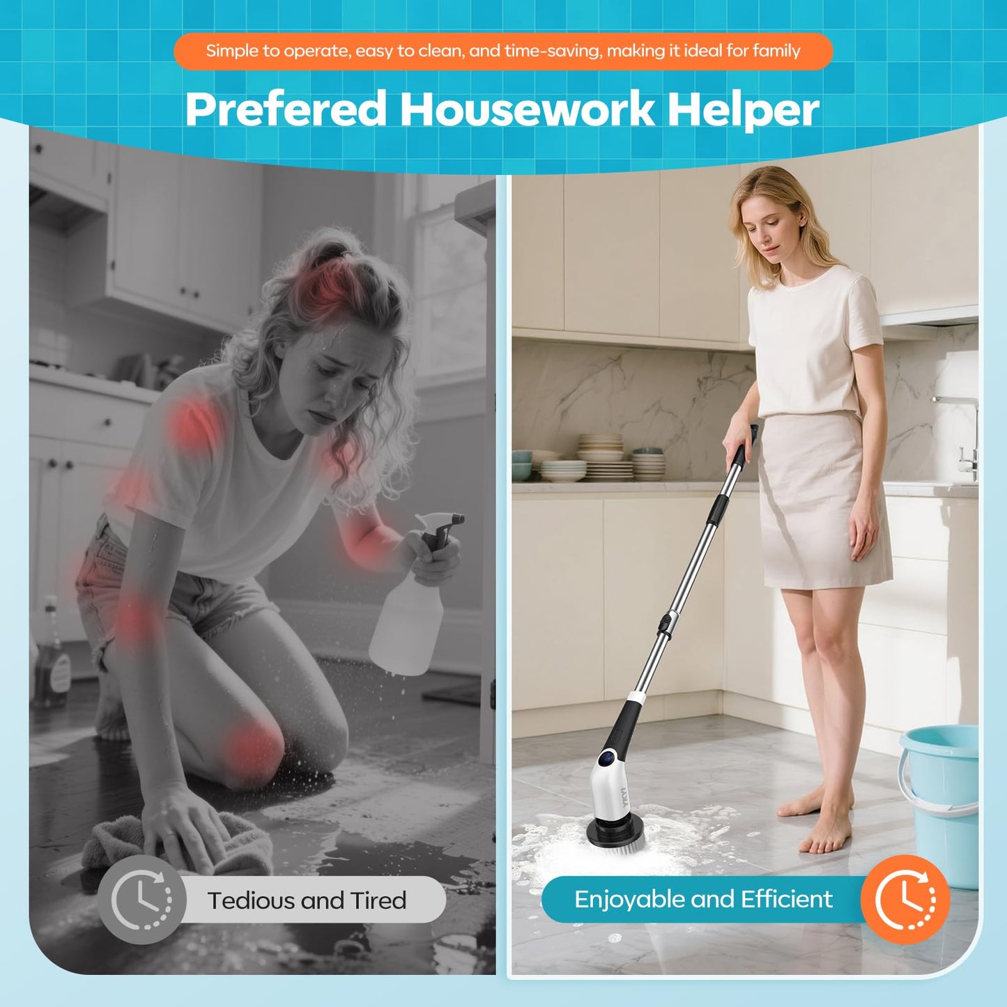 YKYI Electric Spin Scrubber,Cordless Cleaning Brush,Shower Cleaning Brush with 8 Replaceable Brush Heads, Power Scrubber 3 Adjustable Speeds,Adjustable & Detachable Long Handle,Voice Broadcast