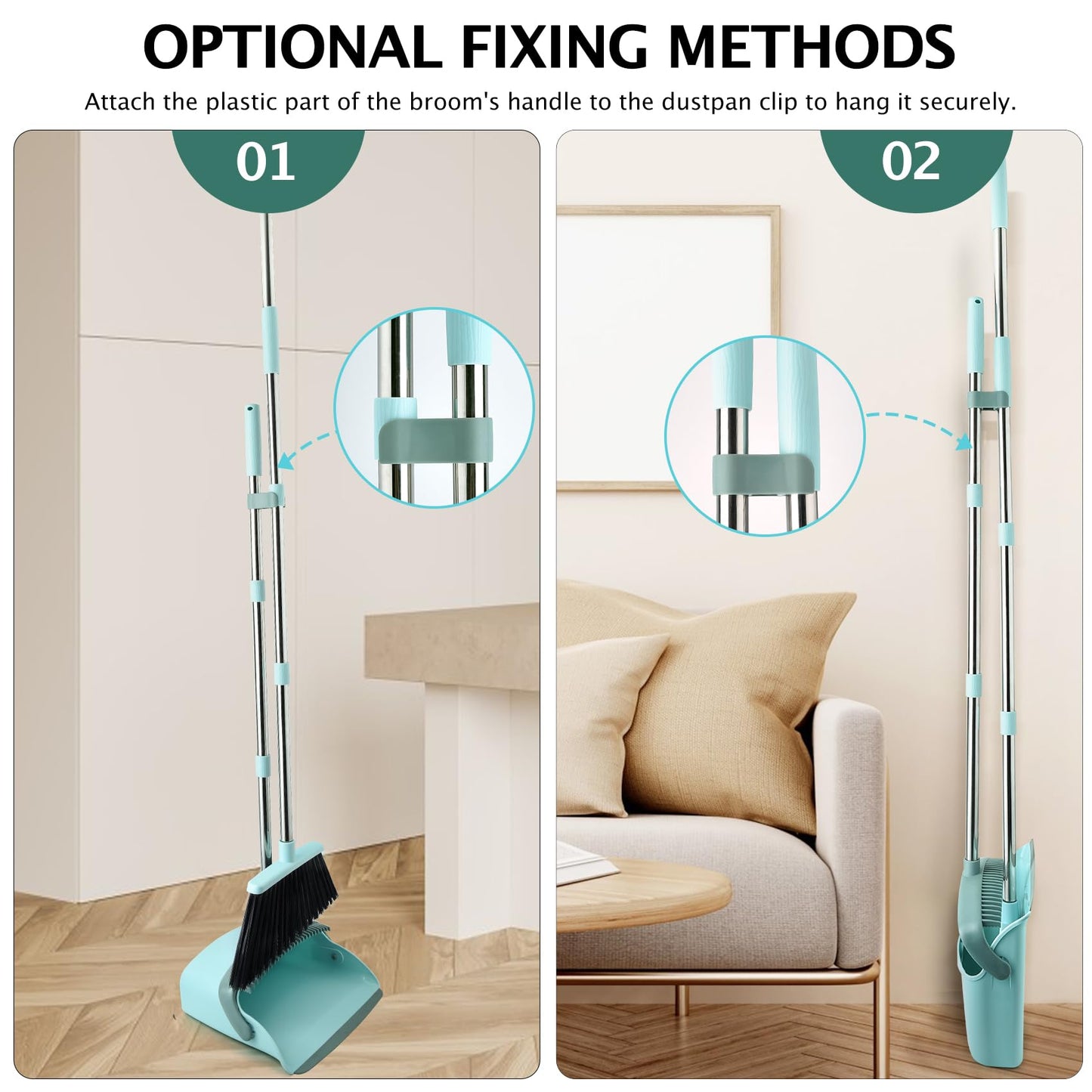 Broom and Dustpan Set with Long Handle, Light Weight Stainless Steel Poles Stand Upright Dustpans with Broom Combo for Home Kitchen Office Pet Dog Hair, Brown & Beige Color, 1-Pack