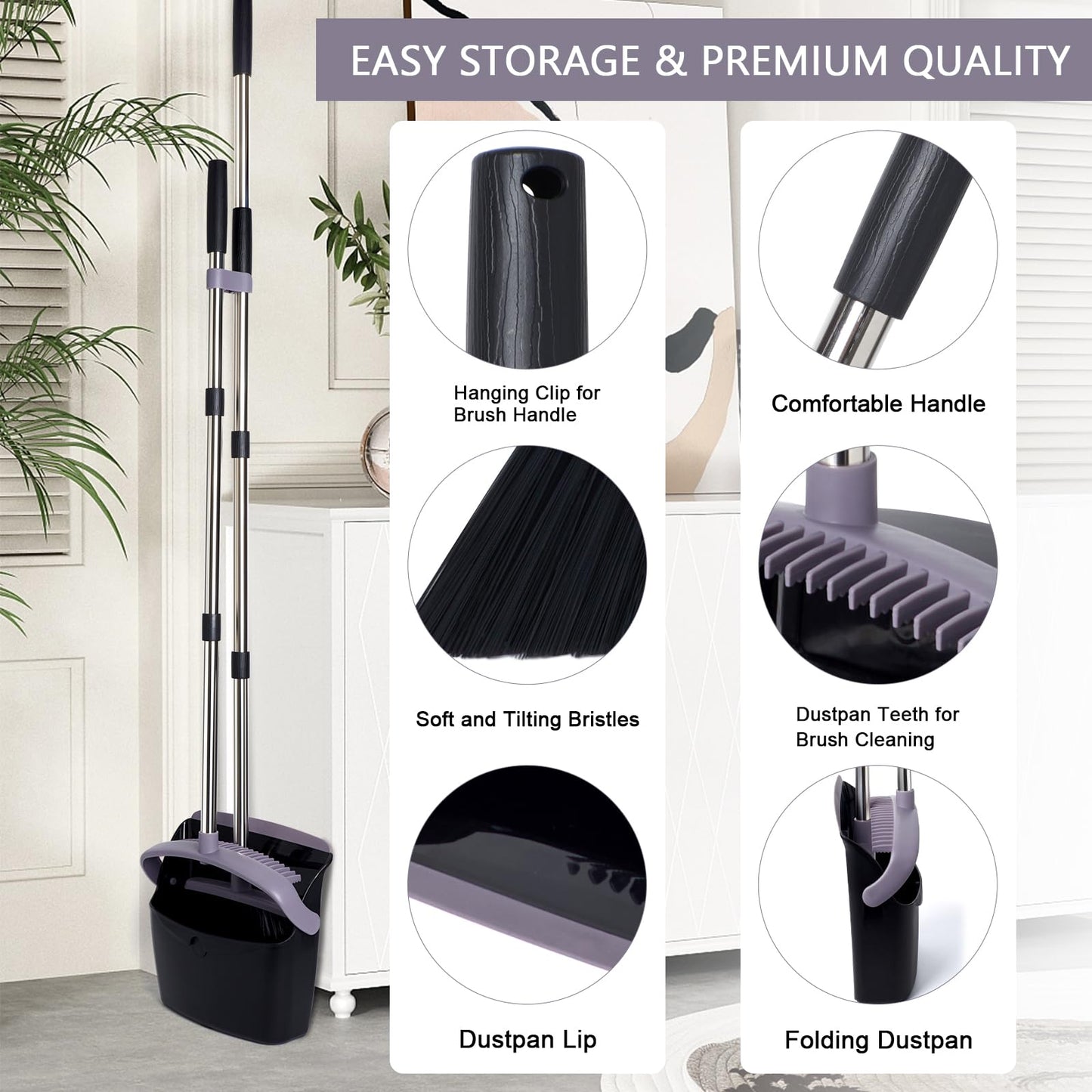 Broom and Dustpan Set with Long Handle, Light Weight Stainless Steel Poles Stand Upright Dustpans with Broom Combo for Home Kitchen Office Pet Dog Hair, Brown & Beige Color, 1-Pack