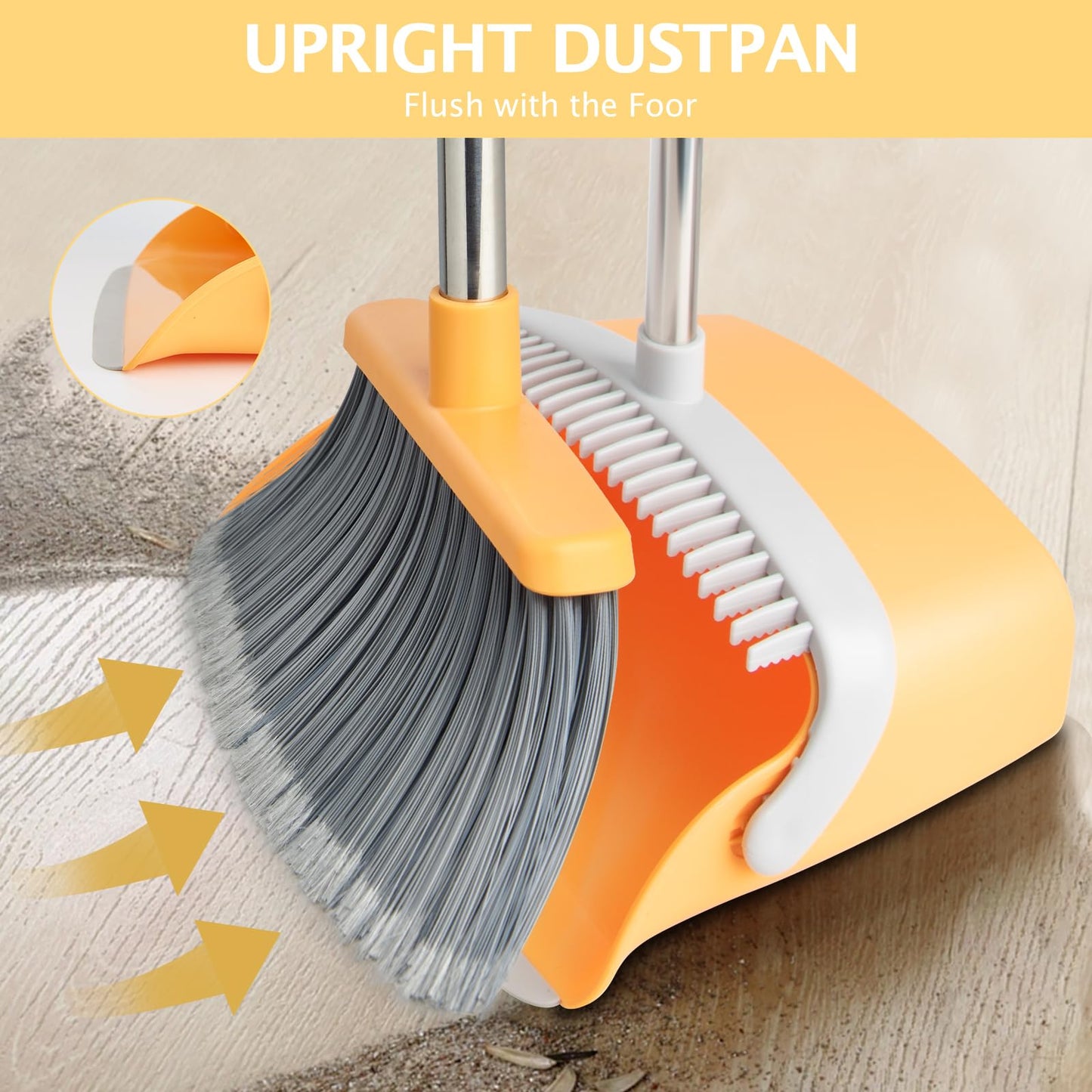 Broom and Dustpan Set with Long Handle, Light Weight Stainless Steel Poles Stand Upright Dustpans with Broom Combo for Home Kitchen Office Pet Dog Hair, Brown & Beige Color, 1-Pack