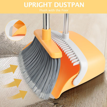 Broom and Dustpan Set with Long Handle, Light Weight Stainless Steel Poles Stand Upright Dustpans with Broom Combo for Home Kitchen Office Pet Dog Hair, Brown & Beige Color, 1-Pack