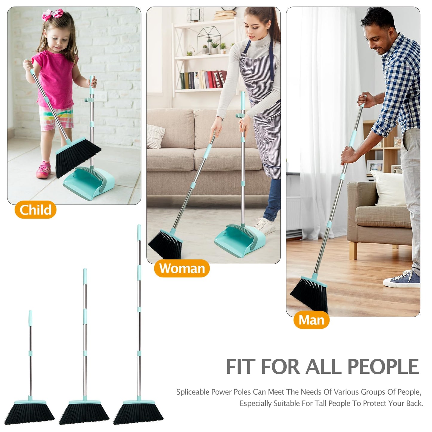 Broom and Dustpan Set with Long Handle, Light Weight Stainless Steel Poles Stand Upright Dustpans with Broom Combo for Home Kitchen Office Pet Dog Hair, Brown & Beige Color, 1-Pack