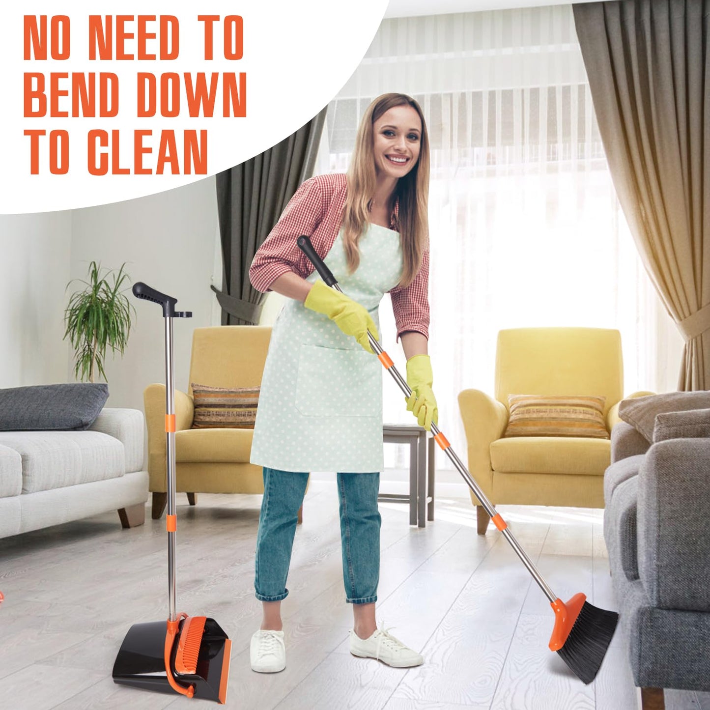 Broom and Dustpan Set with Long Handle, Light Weight Stainless Steel Poles Stand Upright Dustpans with Broom Combo for Home Kitchen Office Pet Dog Hair, Brown & Beige Color, 1-Pack