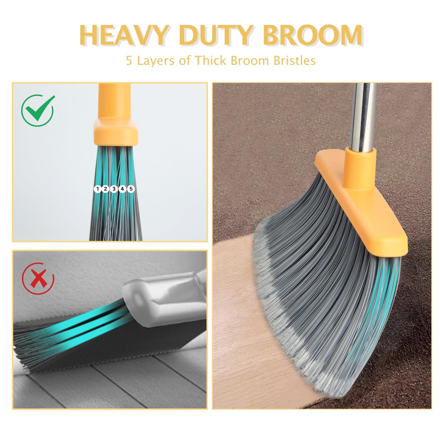 Broom and Dustpan Set with Long Handle, Light Weight Stainless Steel Poles Stand Upright Dustpans with Broom Combo for Home Kitchen Office Pet Dog Hair, Brown & Beige Color, 1-Pack