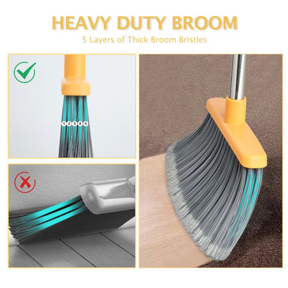 Broom and Dustpan Set with Long Handle, Light Weight Stainless Steel Poles Stand Upright Dustpans with Broom Combo for Home Kitchen Office Pet Dog Hair, Brown & Beige Color, 1-Pack
