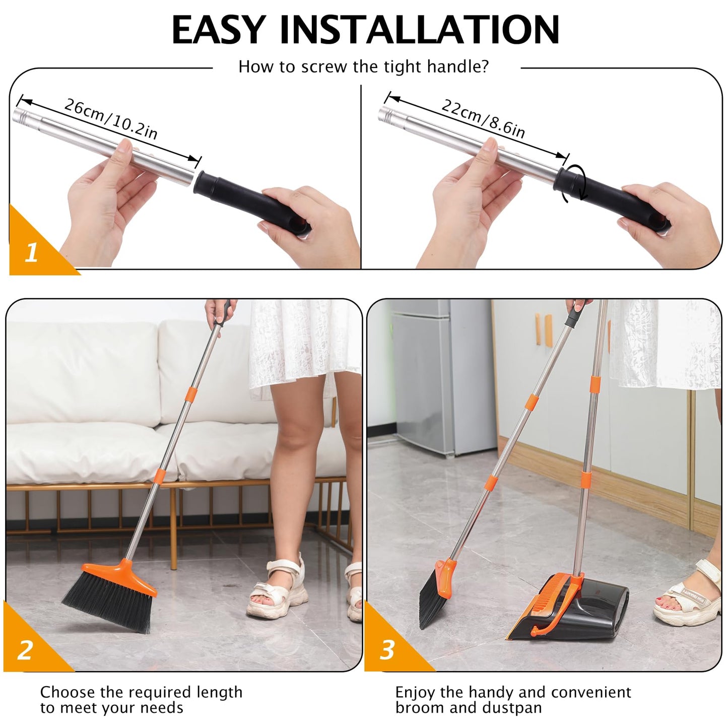 Broom and Dustpan Set with Long Handle, Light Weight Stainless Steel Poles Stand Upright Dustpans with Broom Combo for Home Kitchen Office Pet Dog Hair, Brown & Beige Color, 1-Pack