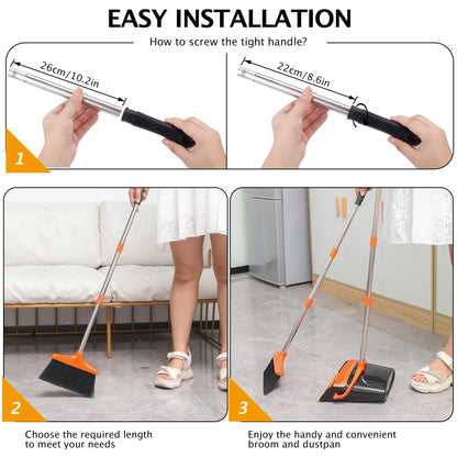 Broom and Dustpan Set with Long Handle, Light Weight Stainless Steel Poles Stand Upright Dustpans with Broom Combo for Home Kitchen Office Pet Dog Hair, Brown & Beige Color, 1-Pack