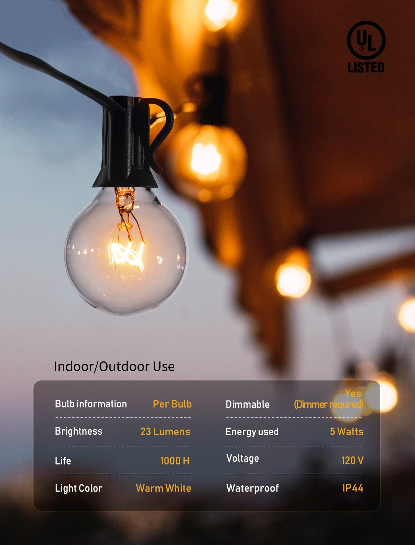 Outdoor String Lights 25 Feet G40 LED Patio Lights, Plug-in, 13 Plastic Edison Bulbs(1 Spare), Waterproof Connectable Hanging Light for Backyard Porch Balcony Party Decor, E12 Base, Black