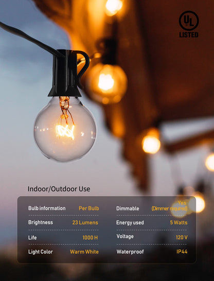 Outdoor String Lights 25 Feet G40 LED Patio Lights, Plug-in, 13 Plastic Edison Bulbs(1 Spare), Waterproof Connectable Hanging Light for Backyard Porch Balcony Party Decor, E12 Base, Black