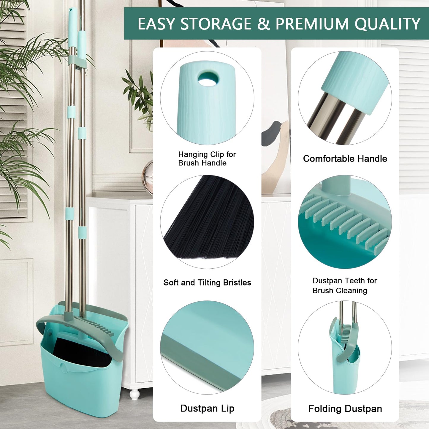 Broom and Dustpan Set with Long Handle, Light Weight Stainless Steel Poles Stand Upright Dustpans with Broom Combo for Home Kitchen Office Pet Dog Hair, Brown & Beige Color, 1-Pack