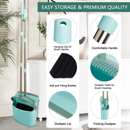 Broom and Dustpan Set with Long Handle, Light Weight Stainless Steel Poles Stand Upright Dustpans with Broom Combo for Home Kitchen Office Pet Dog Hair, Brown & Beige Color, 1-Pack