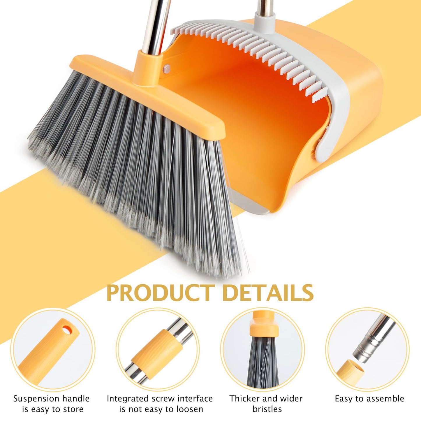 Broom and Dustpan Set with Long Handle, Light Weight Stainless Steel Poles Stand Upright Dustpans with Broom Combo for Home Kitchen Office Pet Dog Hair, Brown & Beige Color, 1-Pack